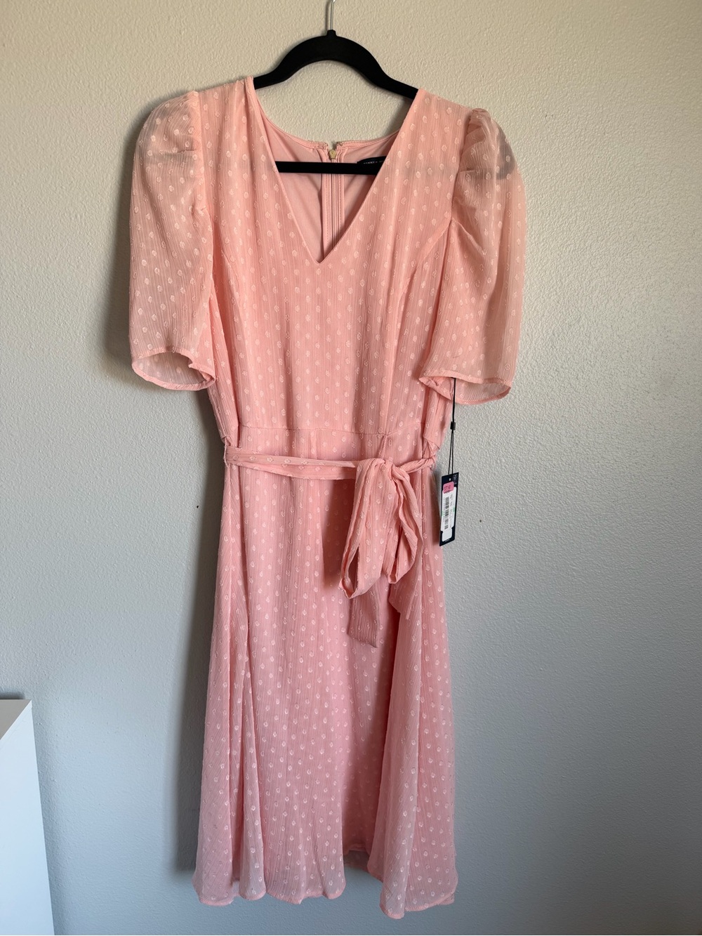 NEW! Tommy Hilfiger Blush Pink Puff-Sleeve Midi Dress with Waist Tie